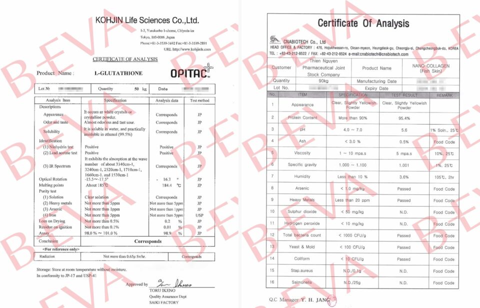L-Glutathione và Nano collagen trong B-EVA có COA (Certificate Of Analysis) - giấy chứng nhận phân tích về nguồn gốc và hàm lượng khi xuất nhập khẩu.